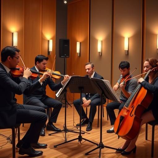 A classical string quartet performing in a recording studio.