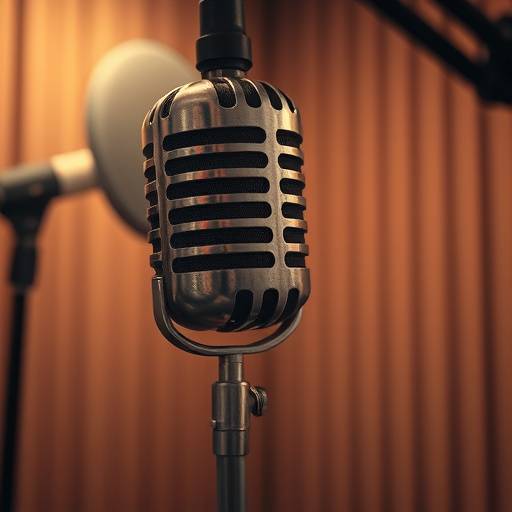 A close-up of a vintage microphone in a soundproof recording booth.