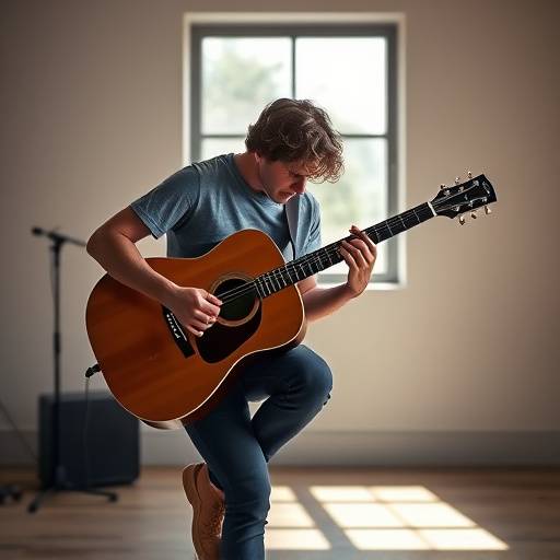 A musician playing a guitar in the studio.