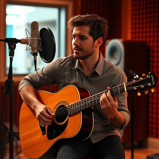 A singer songwriter playing an acoustic guitar in a recording studio.