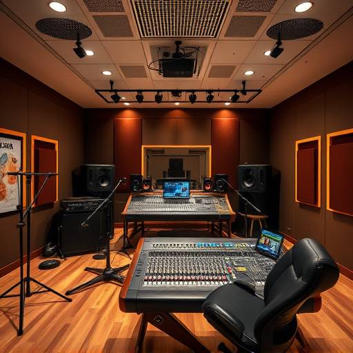A wide shot of Aurora Sound Studio's main mixing console and recording space.